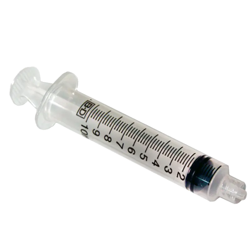 10ml clear plastic syringe with black measurement markings on white background