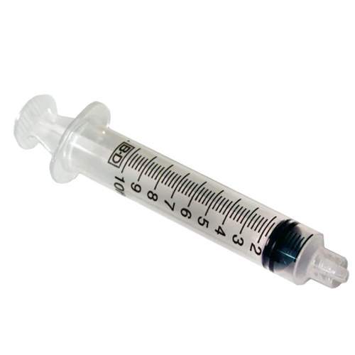 10ml clear plastic syringe with black measurement markings on white background
