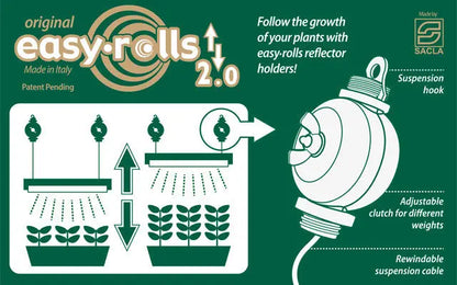 Easy-Rolls 2.0 plant reflector holder with suspension hook, adjustable clutch, and rewindable cable for indoor gardening