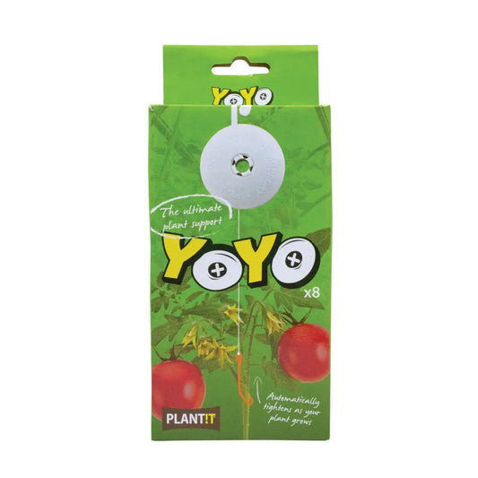 YoYo plant support packaging with tomatoes and green leafy background, includes 8 supports